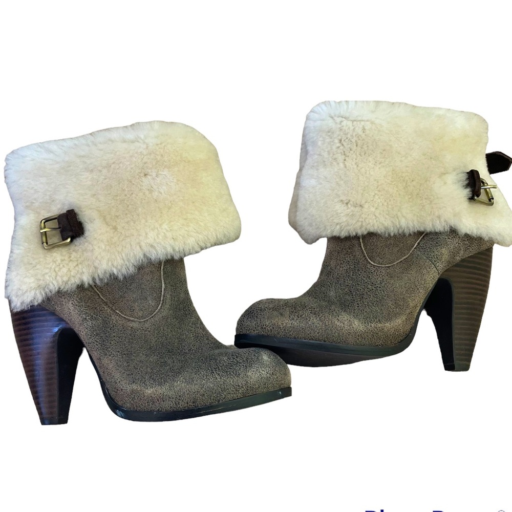 Eddie Bauer Sheepskin Foldover Gray Heeled Booties SZ 7 Apres Ski Bunny